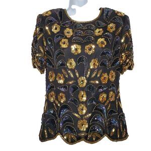 Vintage 80s Floral Beaded Sequined Silk Blouse PM MP Black Gold Scalloped Hems